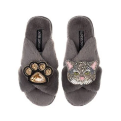 Classic Laines Slippers With Luna Cat & Paw Brooches