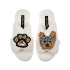Classic Laines Slippers With Minnie The Yorkie & Paw Brooches