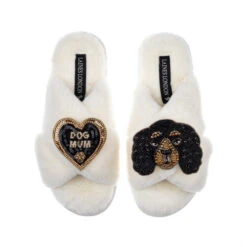 Classic Laines Slippers With Louie The King Charles & Dog Mum Brooches