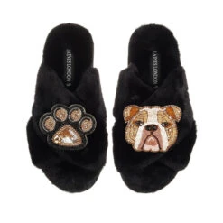 Classic Laines Slippers With Mr Beefy The Bulldog & Paw Brooches