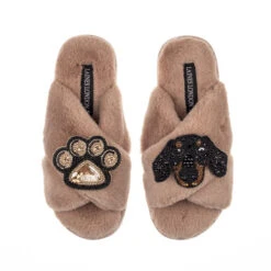 Classic Laines Slippers With Little Sausage & Paw Brooches