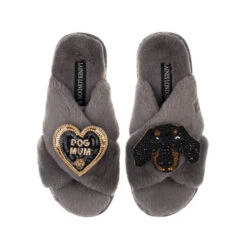 Classic Laines Slippers With Little Sausage & Dog Mum Brooches