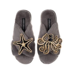 Classic Laines Slippers With Black & Gold Octopus & Starfish Brooch
