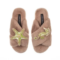 Classic Laines Slippers With Green & Gold Seahorse & Starfish Brooches