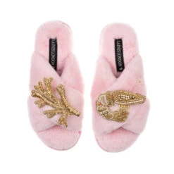 Classic Laines Slippers With Gold Prawn & Coral Brooches