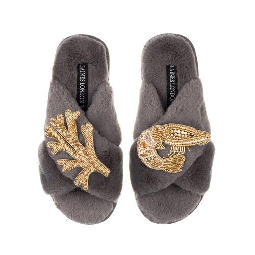 Classic Laines Slippers With Gold Prawn & Coral Brooches - Image 3