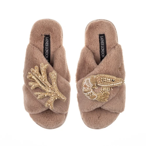 Classic Laines Slippers With Gold Prawn & Coral Brooches - Image 5