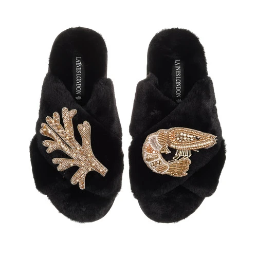 Classic Laines Slippers With Gold Prawn & Coral Brooches - Image 6