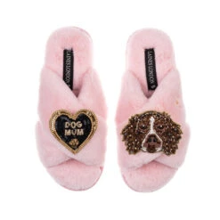 Classic Laines Slippers With Duke The Brown & White Spaniel & Dog Mum Brooches