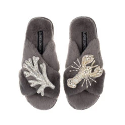 Classic Laines Slippers With Silver Lobster & Coral Brooches