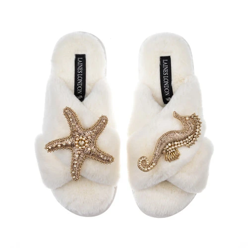 Classic Laines Slippers With Gold Seahorse & Starfish Brooches