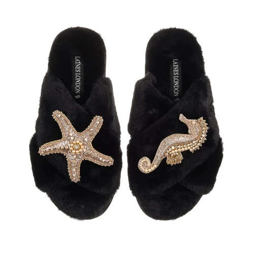 Classic Laines Slippers With Gold Seahorse & Starfish Brooches - Image 2