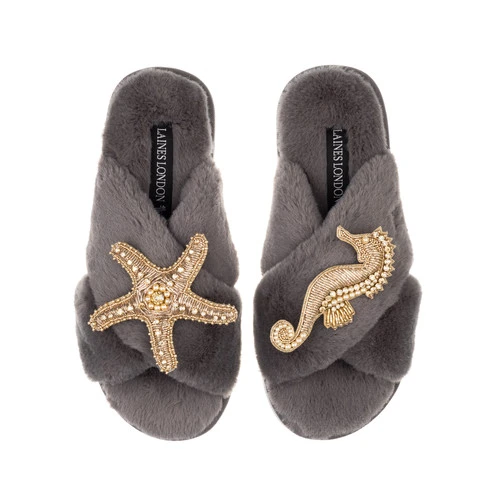 Classic Laines Slippers With Gold Seahorse & Starfish Brooches - Image 3