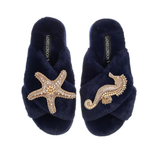 Classic Laines Slippers With Gold Seahorse & Starfish Brooches - Image 4
