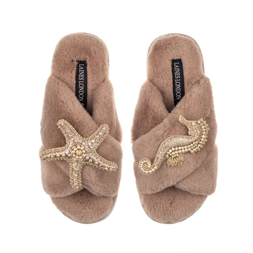 Classic Laines Slippers With Gold Seahorse & Starfish Brooches - Image 6