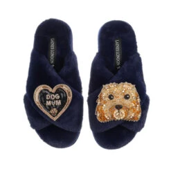 Classic Laines Slippers With Enki Doo The Cockapoo & Dog Mum Brooches