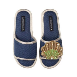 Straw Braided Sandals With Green & Gold Shell Brooch