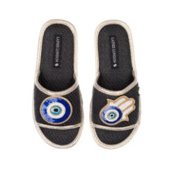 Straw Braided Sandals With Evil Eye & Hamsa Hand Brooches
