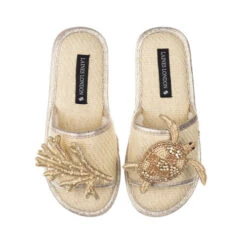 Straw Braided Sandals With Gold Turtle & Coral Brooches