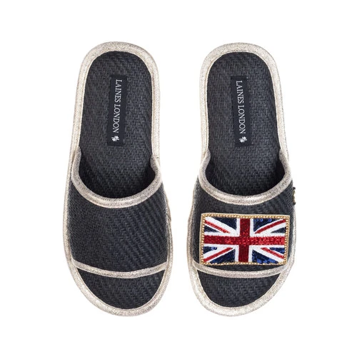 Straw Braided Sandals With Union Jack Brooch