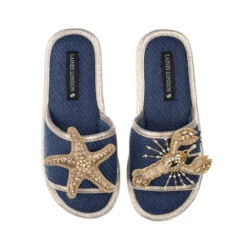 Straw Braided Sandals With Gold Lobster & Starfish Brooches