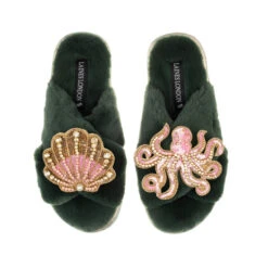 Classic Laines Slippers With Pink & Gold Octopus & Shell Brooches