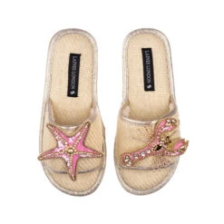 Straw Braided Sandals With Pink & Gold Starfish & Lobster Brooches