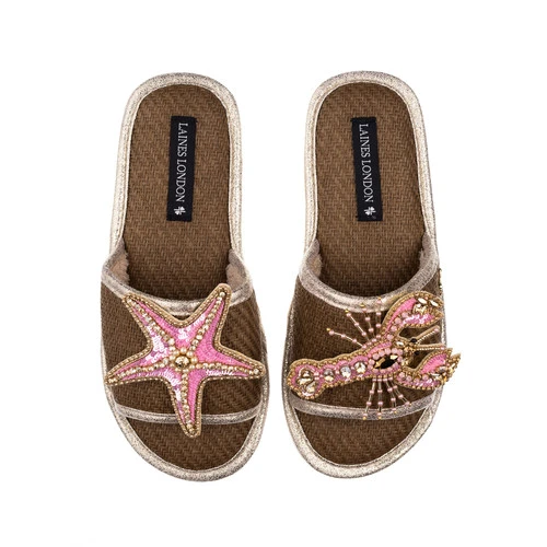 Straw Braided Sandals With Pink & Gold Starfish & Lobster Brooches - Image 2