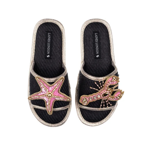 Straw Braided Sandals With Pink & Gold Starfish & Lobster Brooches - Image 3