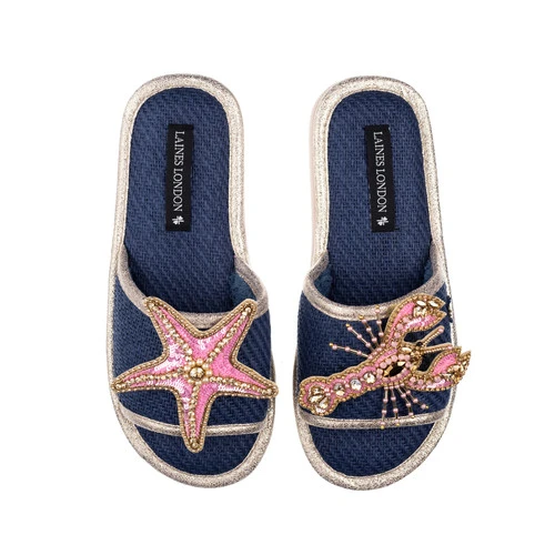 Straw Braided Sandals With Pink & Gold Starfish & Lobster Brooches - Image 4