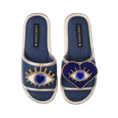 Straw Braided Sandals With Double Blue Eye Brooches - Image 2
