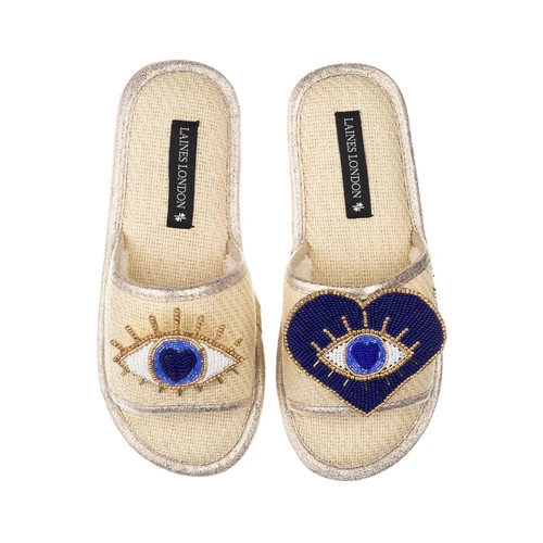Straw Braided Sandals With Double Blue Eye Brooches - Image 3