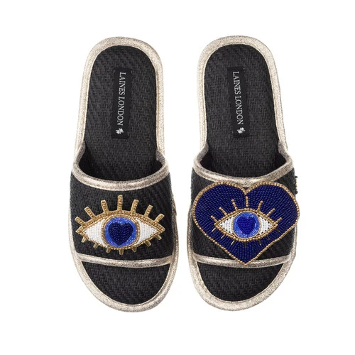 Straw Braided Sandals With Double Blue Eye Brooches - Image 4
