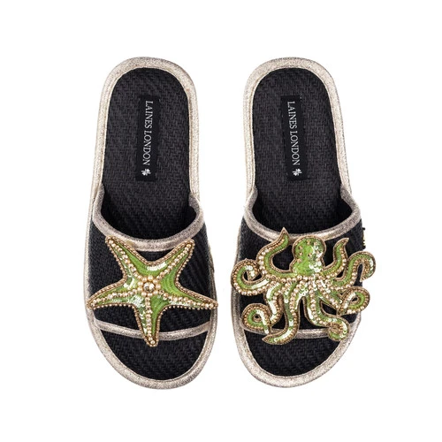 Straw Braided Sandals With Green & Gold Starfish & Octopus Brooches