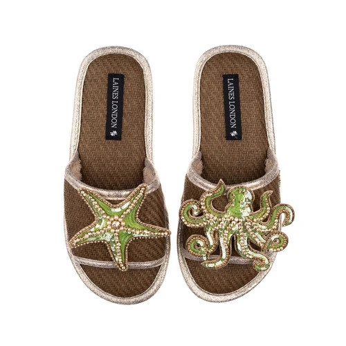 Straw Braided Sandals With Green & Gold Starfish & Octopus Brooches - Image 2