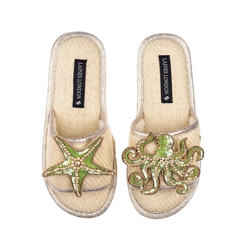 Straw Braided Sandals With Green & Gold Starfish & Octopus Brooches - Image 3