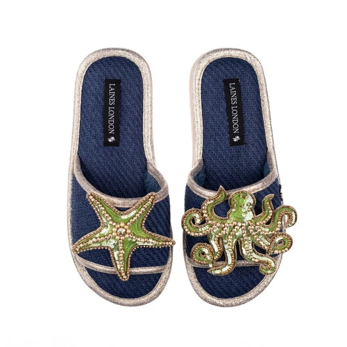 Straw Braided Sandals With Green & Gold Starfish & Octopus Brooches - Image 4