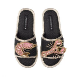 Straw Braided Sandals With Pink & Gold Prawn & Lobster Brooches