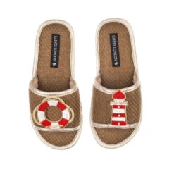 Straw Braided Sandals With Lighthouse & Beach Ring Brooches