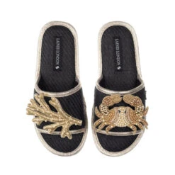 Straw Braided Sandals With Gold Crab & Coral Brooches