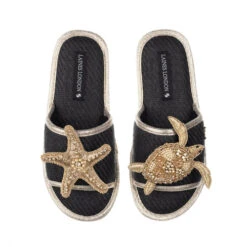 Straw Braided Sandals With Gold Turtle & Starfish Brooches