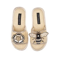 Straw Braided Sandals With Cream & Gold Bee & Flower Brooches