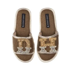 Straw Braided Sandals With Gold & Silver Initial Brooches