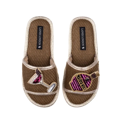 Straw Braided Sandals With Raspberry Liqueur Brooches - Image 2