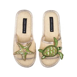 Straw Braided Sandals With Green & Gold Starfish & Turtle Brooches