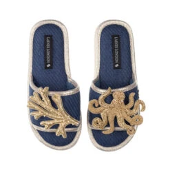 Straw Braided Sandals With Gold Octopus & Coral Brooches