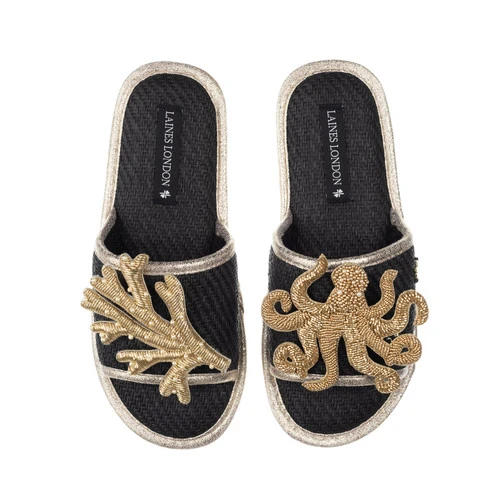 Straw Braided Sandals With Gold Octopus & Coral Brooches - Image 3