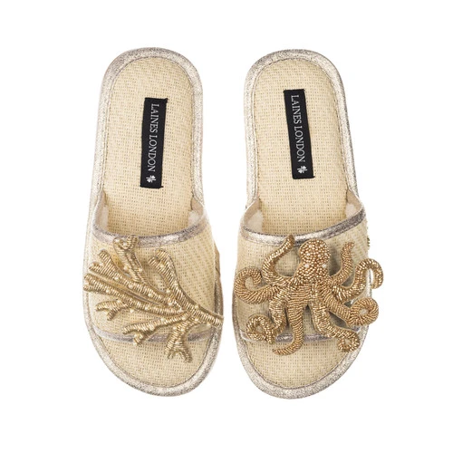 Straw Braided Sandals With Gold Octopus & Coral Brooches - Image 4