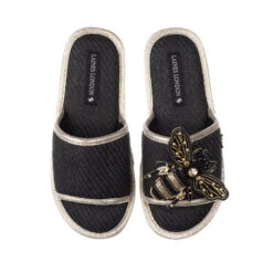 Straw Braided Sandals With Black & Gold Bee Brooch