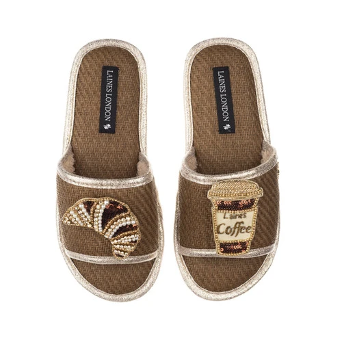 Straw Braided Sandals With Coffee & Croissant Brooches